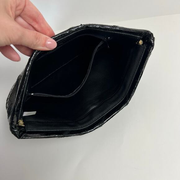 Vintage 80s Ronay Black Leather & Real Snake Skin Clutch Handbag Purse - Picture 2 of 8